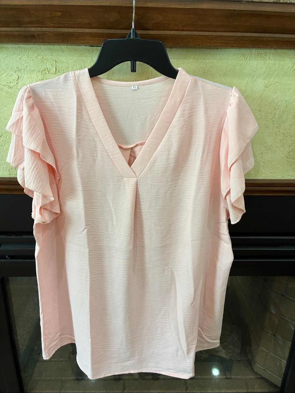 Ruffled V-Neck Blouse in Blush Pink
